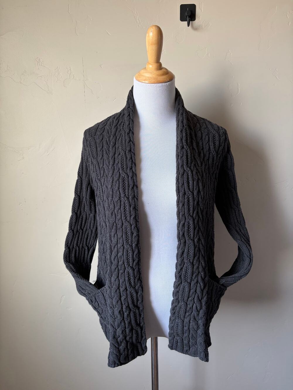Eight Eight Eight Dark Gray 100% Cotton Chunky Knit Open Cardigan Sz S Granny